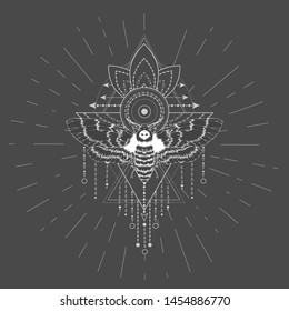 Vector illustration with hand drawn butterfly Dead head and Sacred geometric symbol on black background. Abstract mystic sign. White linear shape. For you design, tattoo or magic craft.