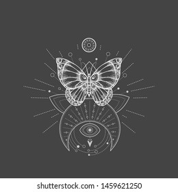 Vector illustration with hand drawn butterfly and Sacred geometric symbol on black background. Abstract mystic sign. White linear shape. For you design, tattoo or magic craft.