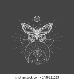 Vector illustration with hand drawn butterfly and Sacred geometric symbol on black background. Abstract mystic sign. White linear shape. For you design, tattoo or magic craft.