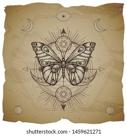 Vector illustration with hand drawn butterfly and Sacred geometric symbol on old paper background with torn edges. Abstract mystic sign. Sepia linear shape. For you design or magic craft.
