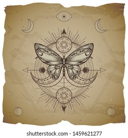 Vector illustration with hand drawn butterfly and Sacred geometric symbol on old paper background with torn edges. Abstract mystic sign. Sepia linear shape. For you design or magic craft.