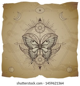 Vector illustration with hand drawn butterfly and Sacred geometric symbol on old paper background with torn edges. Abstract mystic sign. Sepia linear shape. For you design or magic craft.