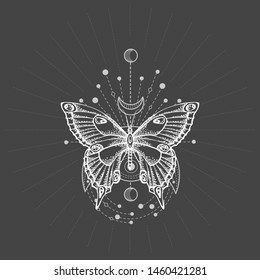 Vector illustration with hand drawn butterfly and Sacred geometric symbol on black background. Abstract mystic sign. White linear shape. For you design, tattoo or magic craft.