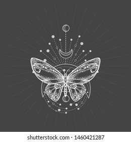 Vector illustration with hand drawn butterfly and Sacred geometric symbol on black background. Abstract mystic sign. White linear shape. For you design, tattoo or magic craft.