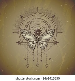 Vector illustration with hand drawn butterfly and Sacred geometric symbol on vintage paper background. Abstract mystic sign. Sepia linear shape. For you design or magic craft.