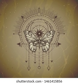 Vector illustration with hand drawn butterfly and Sacred geometric symbol on vintage paper background. Abstract mystic sign. Sepia linear shape. For you design or magic craft.
