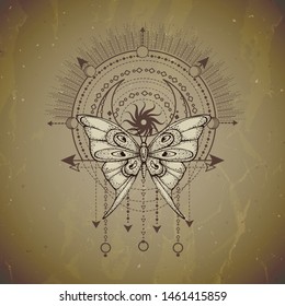 Vector illustration with hand drawn butterfly and Sacred geometric symbol on vintage paper background. Abstract mystic sign. Sepia linear shape. For you design or magic craft.