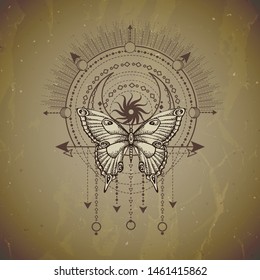 Vector illustration with hand drawn butterfly and Sacred geometric symbol on vintage paper background. Abstract mystic sign. Sepia linear shape. For you design or magic craft.