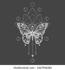 Vector illustration with hand drawn butterfly and Sacred symbol on black background. Abstract mystic sign. White linear shape. For you design, tattoo or magic craft.