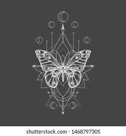 Vector illustration with hand drawn butterfly and Sacred geometric symbol on black background. Abstract mystic sign. White linear shape. For you design, tattoo or magic craft.