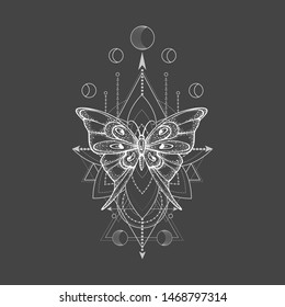 Vector illustration with hand drawn butterfly and Sacred geometric symbol on black background. Abstract mystic sign. White linear shape. For you design, tattoo or magic craft.