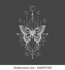 Vector illustration with hand drawn butterfly and Sacred geometric symbol on black background. Abstract mystic sign. White linear shape. For you design, tattoo or magic craft.
