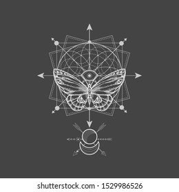 Vector illustration with hand drawn butterfly and Sacred geometric symbol on black background. Abstract mystic sign. White linear shape. For you design, tattoo or magic craft.