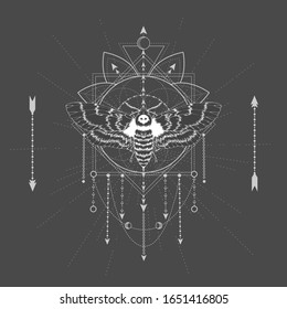 Vector illustration with hand drawn butterfly Dead head and Sacred geometric symbol on black background. Abstract mystic sign. White linear shape. For you design, tattoo or magic craft.