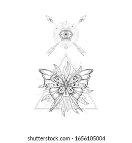 Vector illustration with hand drawn butterfly and Sacred geometric symbol on white background. Abstract mystic sign. Black linear shape. For you design, tattoo or magic craft.