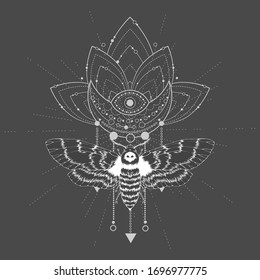 Vector illustration with hand drawn butterfly Dead head and Sacred geometric symbol on black background. For you design, tattoo or magic craft.