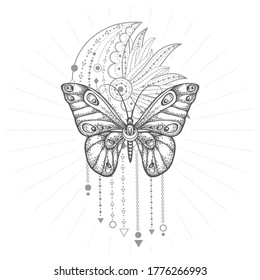 Vector illustration with hand drawn butterfly and Sacred geometric symbol on white background. Abstract mystic sign. Black linear shape. 