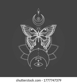 Vector illustration with hand drawn butterfly and Sacred symbol on black background. Abstract mystic sign. White linear shape. 