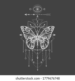 Vector illustration with hand drawn butterfly and Sacred geometric symbol on black background. Abstract mystic sign. White linear shape. 