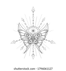 Vector illustration with hand drawn butterfly and Sacred geometric symbol on white background. Abstract mystic sign. Black linear shape. 