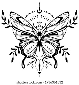 Vector Illustration With Hand Drawn Butterfly With Moon. Abstract Mystic Sign. Black Linear Shape. For You Design, Tattoo Or Magic Craft.