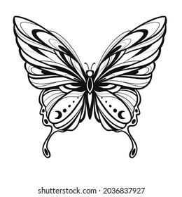 Vector illustration with hand drawn butterfly with moon. Black linear shape. For you design, tattoo or magic craft.
