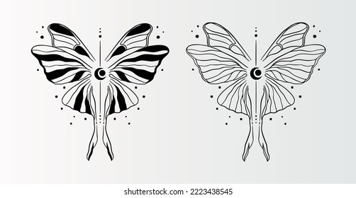 Ilustración vectorial con mariposa dibujada a mano con luna.