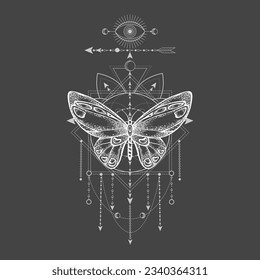 Vector illustration with hand drawn butterfly and Sacred geometric symbol on black background. Abstract mystic sign. White linear shape. 