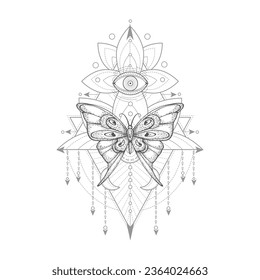 Vector illustration with hand drawn butterfly and Sacred geometric symbol on white background. Abstract mystic sign. Black linear shape.