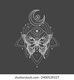 Vector illustration with hand drawn butterfly and Sacred geometric symbol on black background. Abstract mystic sign. White linear shape. 