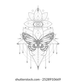 Vector illustration with hand drawn butterfly and Sacred geometric symbol on white background. Abstract mystic sign. Black linear shape. 