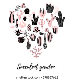 vector illustration with hand drawn cacti in a heart shape with succulent garden text