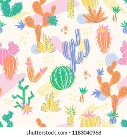 Vector illustration of hand drawn cactus. Seamless pattern. Bright exotic succulents in scandinavian style.