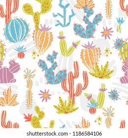 Vector illustration of hand drawn cactus. Seamless pattern. Bright exotic succulents in scandinavian style.