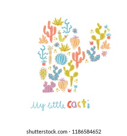 Vector illustration of hand drawn cactus. Cacti silhouette composition. Bright exotic succulents in scandinavian style.