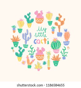 Vector illustration of hand drawn cactus. Round composition. Bright exotic succulents in scandinavian style.