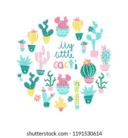 Vector illustration of hand drawn cactus. Round composition. Bright exotic succulents in scandinavian style.
