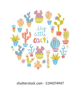 Vector illustration of hand drawn cactus. Round composition. Bright exotic succulents in scandinavian style.