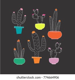 Vector illustration with hand drawn cactus set on black background. 