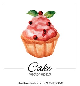Vector illustration. Hand drawn cake with watercolor texture. Cake with cream, jam, berries. Hand painted sweet cake on white background. Eps10. 