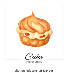 Vector illustration. Hand drawn cake with watercolor texture. Cake with cream, berries. Hand painted sweet cake on a white background. Poster or card for cafe, bakery, restaurant, coffee house