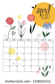 vector illustration of a hand drawn calendar of april 2020 with colored doodles