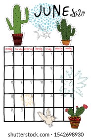 vector illustration of a hand drawn calendar of june 2020 with colored doodles