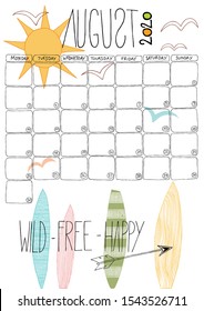 vector illustration of a hand drawn calendar of august 2020 with colored doodles