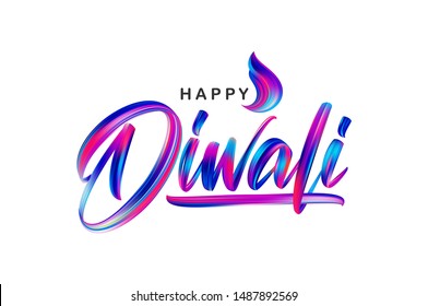 Vector illustration: Hand drawn calligraphic brush stroke colorful paint lettering of Happy Diwali