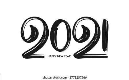 Vector illustration: Hand drawn calligraphic brush number lettering of 2021. Happy New Year. Chines calligraphy