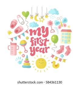 Vector illustration of hand drawn calligraphy and illustrations. Lettering set for invitation and greeting card, prints and posters. Graphic elements for design of baby birthday and party