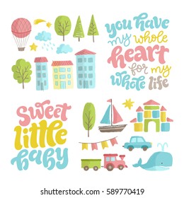 Vector illustration of hand drawn calligraphy and illustrations. Lettering set for invitation and greeting card, prints and posters. Graphic elements for design of baby birthday and party