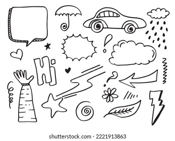 Vector illustration: Hand drawn car arrow, star, thunderbolt, clouds and other element design. 