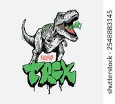Vector illustration of hand drawn cartoon dinosaur and graffiti typography elements.